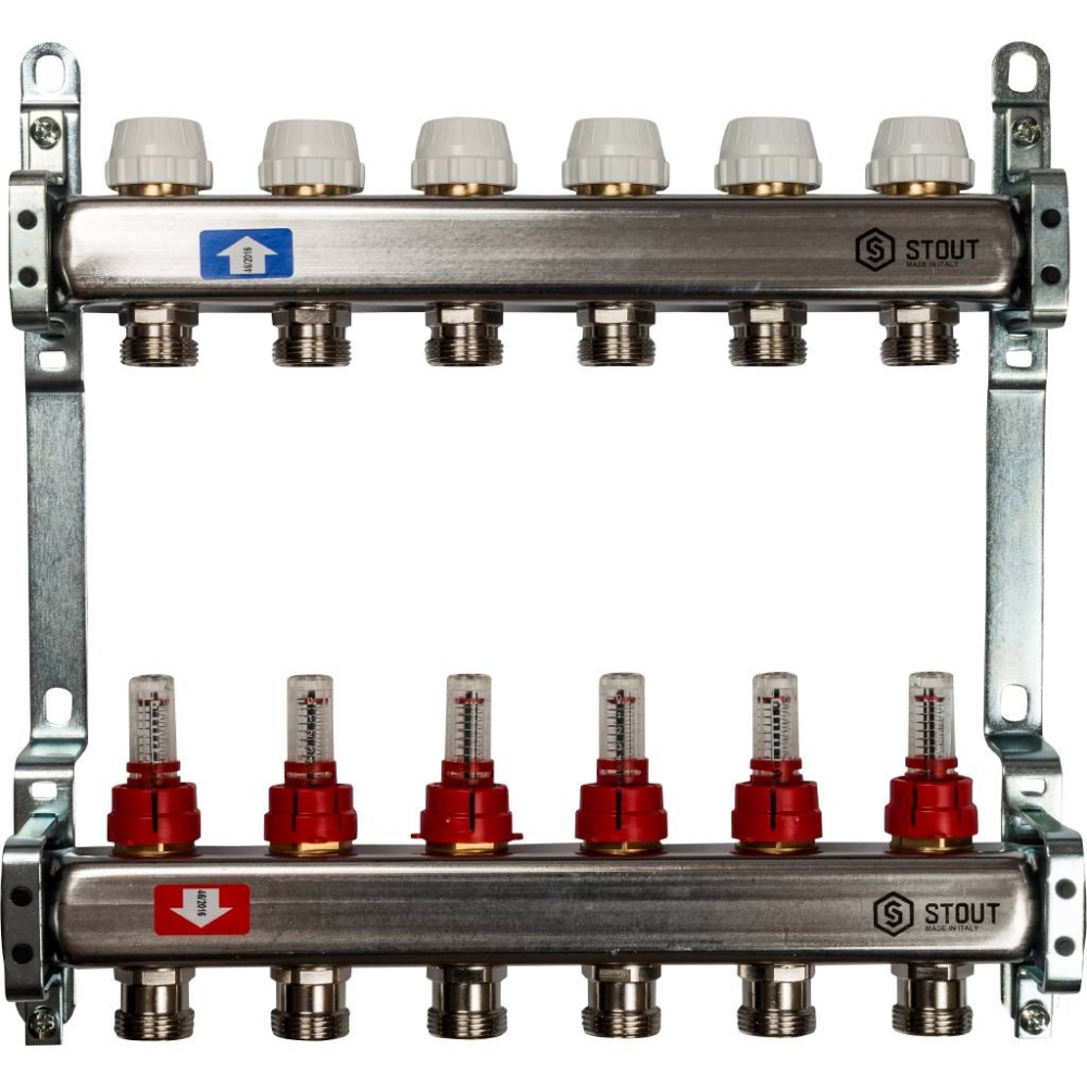Коллектор из нержавеющей стали для систем напольного отопления с расходомерами на 6выходов STOUT /1/